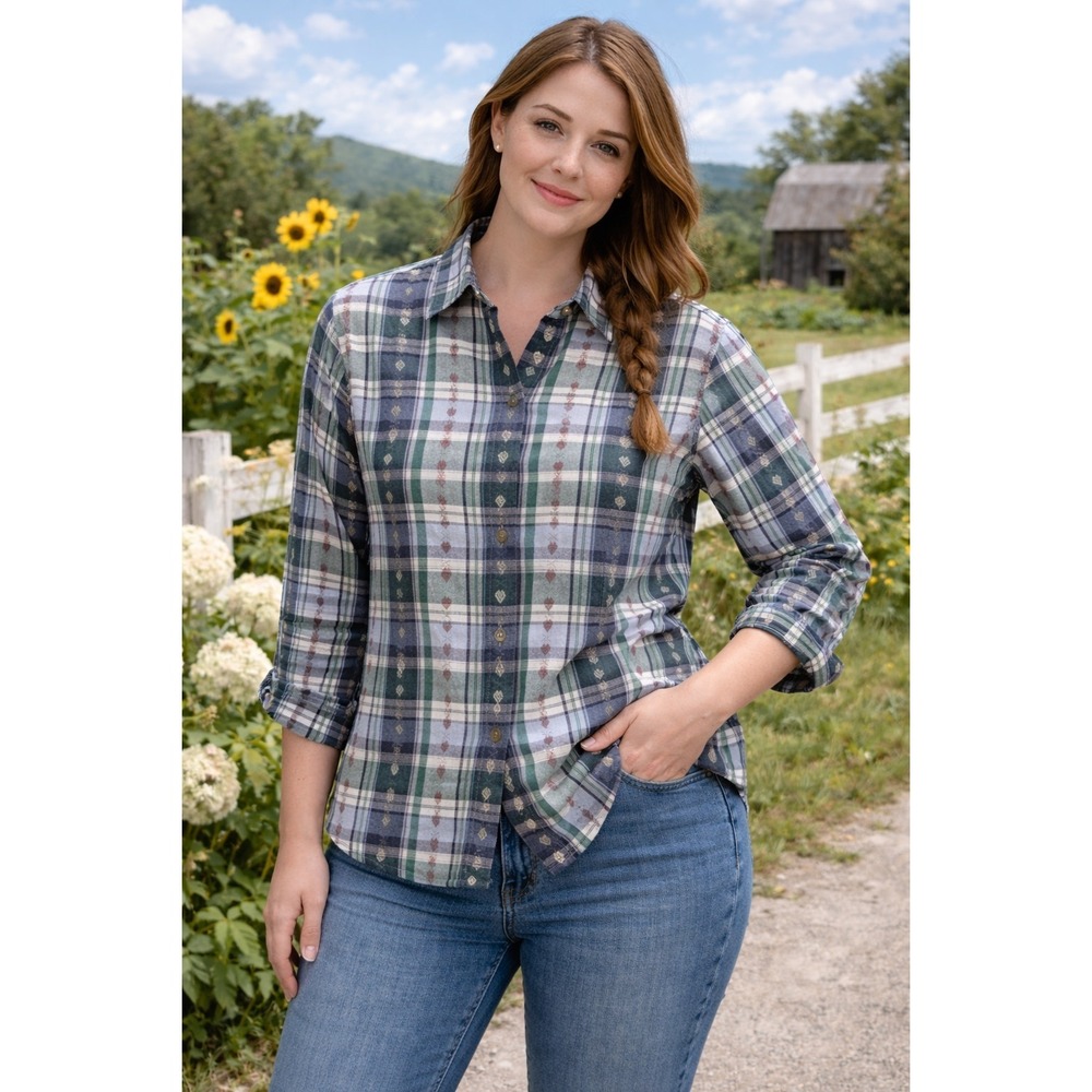 2/$30Casey & Max Green Blue Plaid Heart Embroidered Cotton Button Down‎ Shirt M